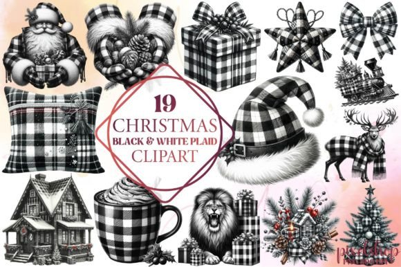 Christmas Black White Plaid Clipart for Illustrations