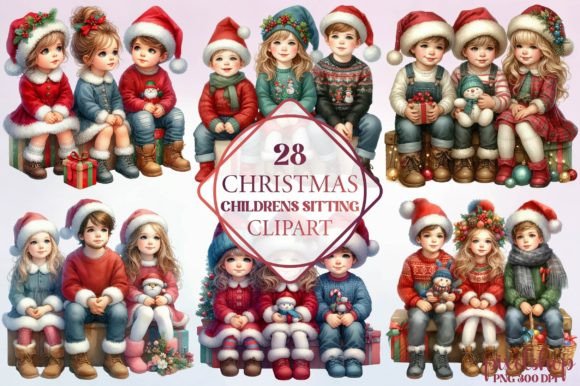 Christmas Childrens Sitting Clipart Illustrations