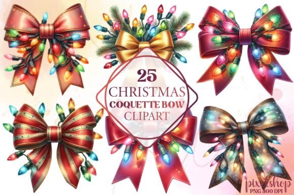 Christmas Coquette Bow Clipart for Illustrations