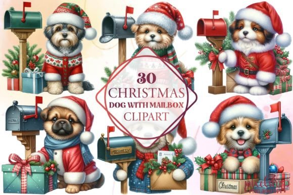 Christmas Dog with Mailbox Clipart in Illustrations