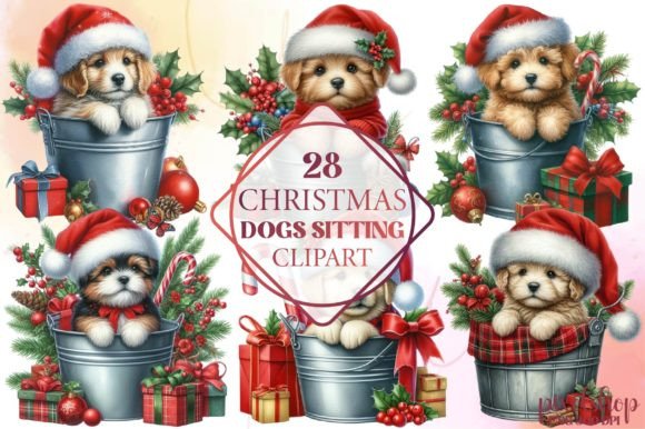 Christmas Dogs Sitting Clipart for Modern Illustrations