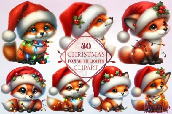 Christmas Fox with Lights Clipart for Illustrations