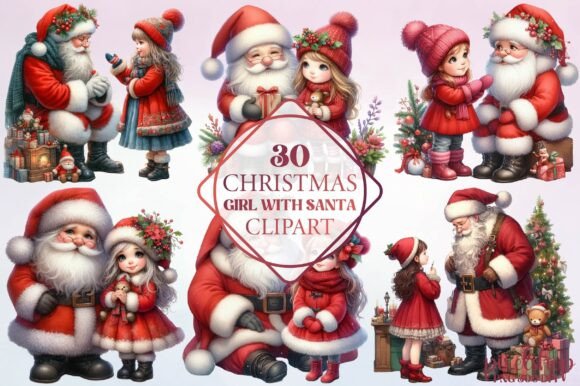 Christmas Girl with Santa Clipart for Seasonal Illustrations