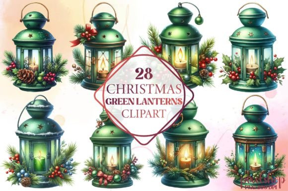 Christmas Green Lanterns Clipart and Illustrations