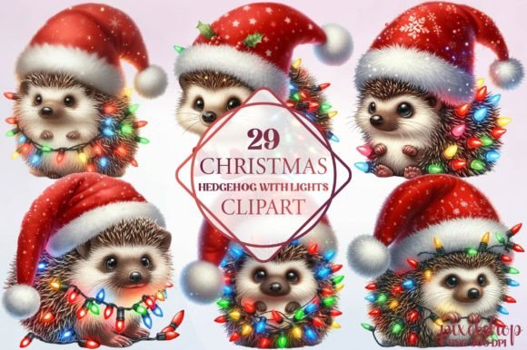 Christmas Hedgehog with Lights Clipart for Illustrations