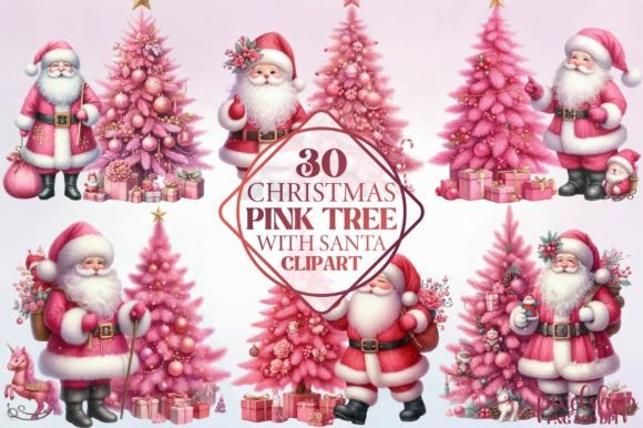 Christmas Pink Tree with Santa Clipart for Modern Illustrations