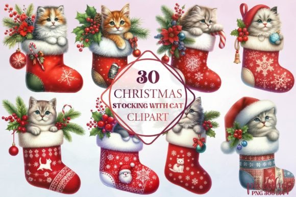 Christmas Stocking with Cat Clipart in Illustrations