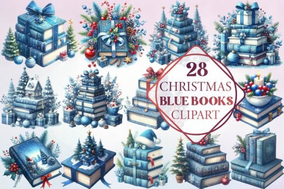 Watercolor Christmas Blue Books Clipart