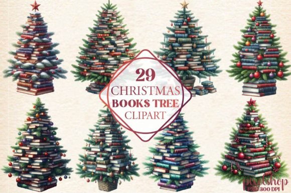 Watercolor Christmas Books Tree Clipart