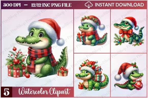 Watercolor Christmas Crocodile Clipart Freebies