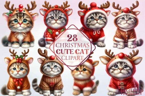 Watercolor Christmas Cute Cat Clipart for Illustrations