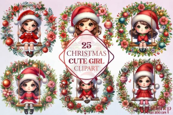 Watercolor Christmas Cute Girl Clipart for Illustrations