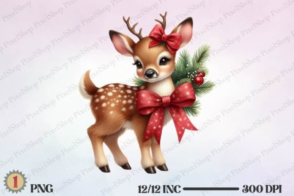 Watercolor Christmas Deer with Bow