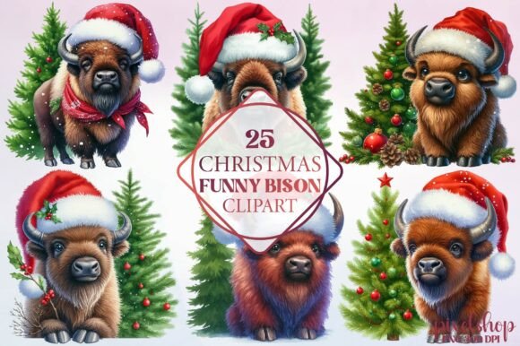 Watercolor Christmas Funny Bison Clipart for Illustrations