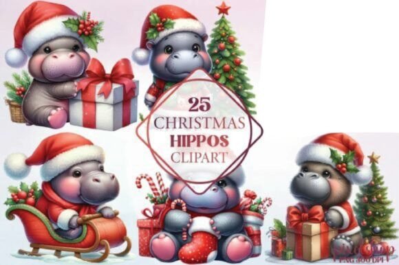 Watercolor Christmas Hippos Clipart: Festive Illustrations for Crafters