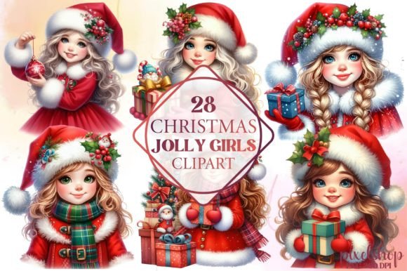 Watercolor Christmas Jolly Girls Clipart