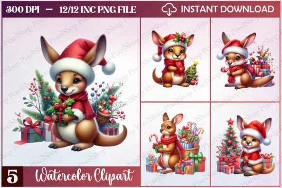 Watercolor Christmas Kangaroo Clipart in Illustrations