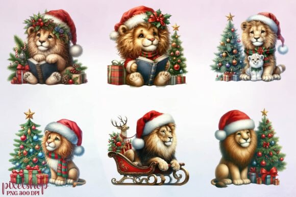 Watercolor Christmas Lion Clipart for Illustrations