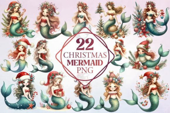 Watercolor Christmas Mermaid Clipart for Bloggers and Designers