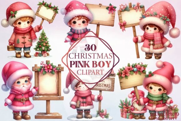 Watercolor Christmas Pink Boy Clipart for Illustrations
