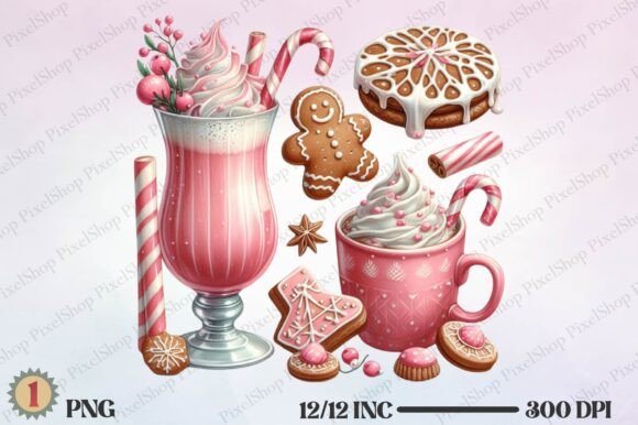 Watercolor Christmas Pink Coffee PNG PNG in Illustrations