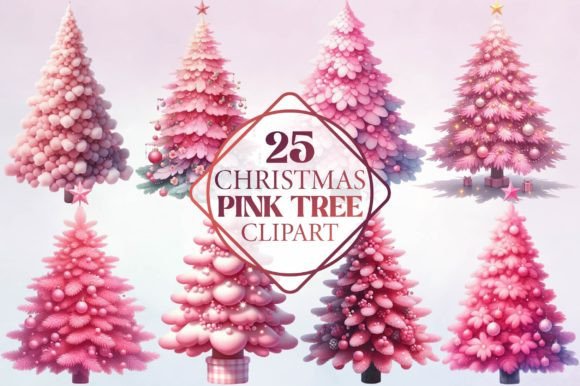 Watercolor Christmas Pink Tree Clipart for Modern Illustrations