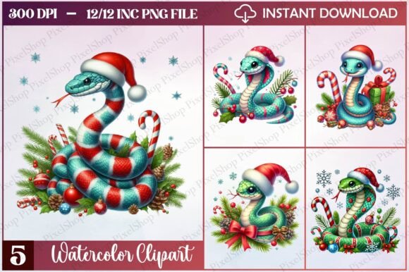 Watercolor Christmas Snake Clipart for Illustrations
