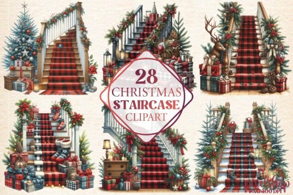 Watercolor Christmas Staircase Clipart for Blog Graphics and Illustrations