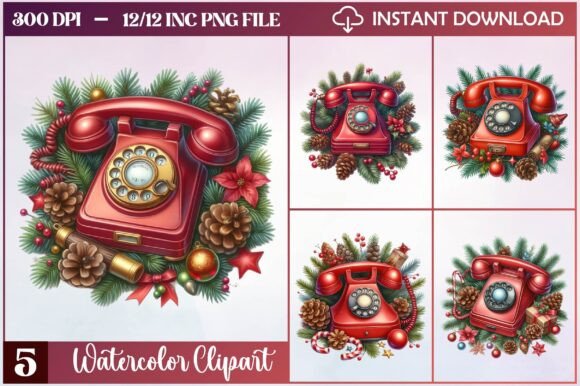 Watercolor Christmas Telephone Clipart