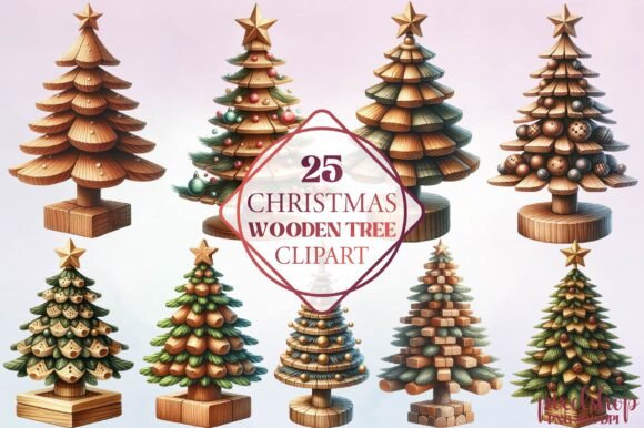 Watercolor Christmas Wooden Tree Clipart
