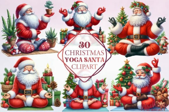 Watercolor Christmas Yoga Santa Clipart