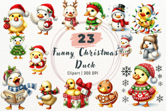 Watercolor Funny Christmas Duck Clipart